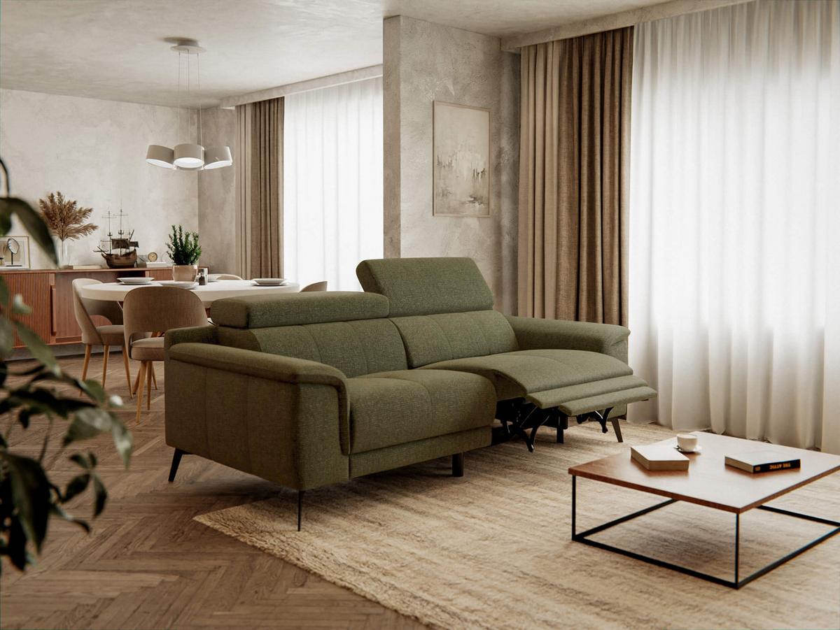 RELAXSOFA FIERO 3-Sitzer mit 1 Relaxfunktion, olivgrün - Schwarz/Olivgrün, Holzwerkstoff/Textil (212/82/103cm) - Wozimo