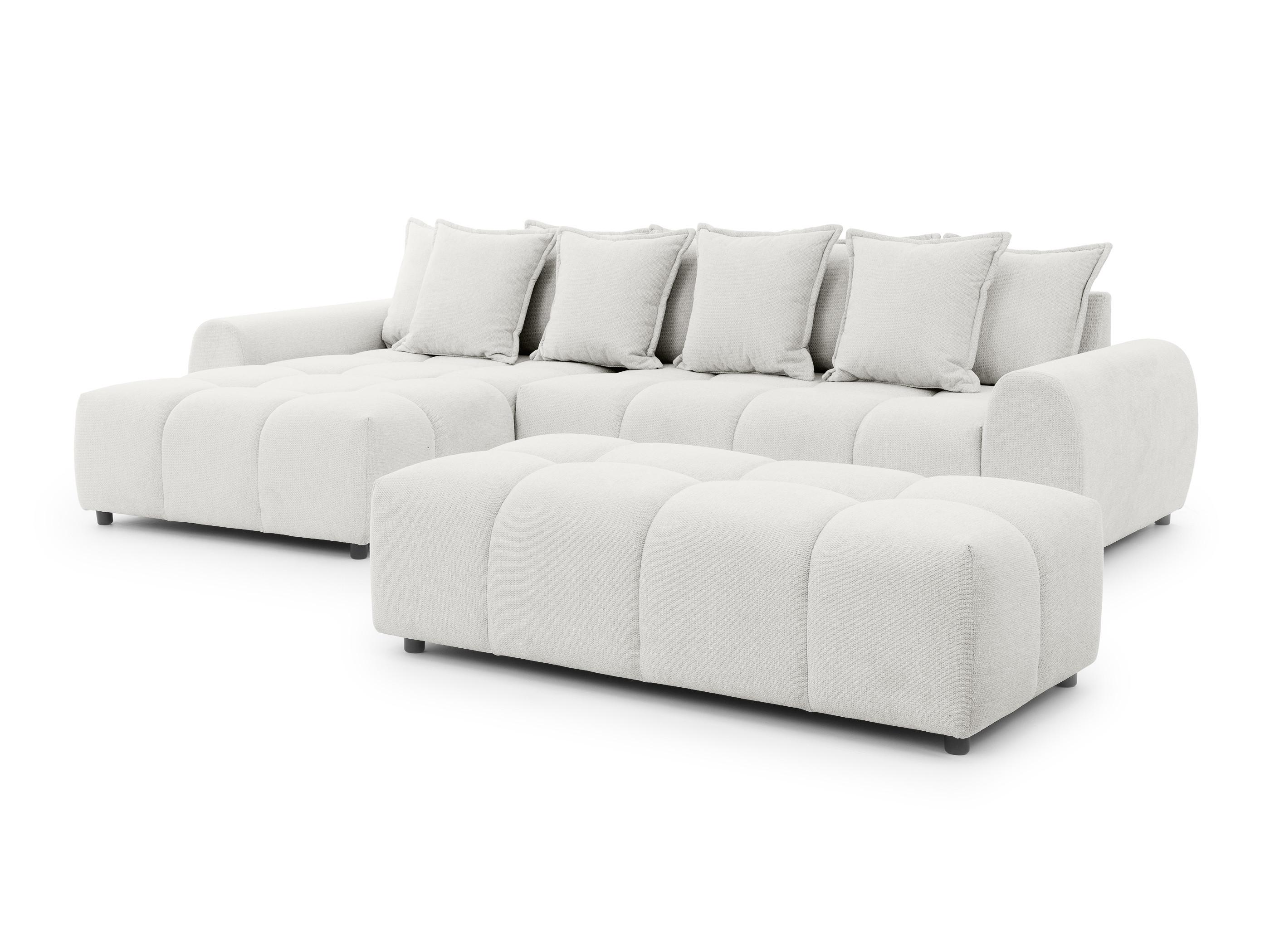 ECKSOFA inkl. Hocker Bubble mit Schlaffunktion und losen Rückenkissen, Sitzfläche in Bubble-Optik aus weichem Creme Strukturstoff - Ottomane Links - Creme/Schwarz, Holz/Kunststoff (180/306cm) - S-Style