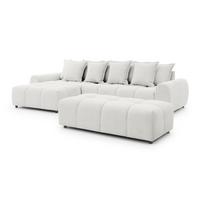 ECKSOFA inkl. Hocker Bubble mit Schlaffunktion und losen Rückenkissen, Sitzfläche in Bubble-Optik aus weichem Creme Strukturstoff - Ottomane Links - Creme/Schwarz, Holz/Kunststoff (180/306cm) - S-Style