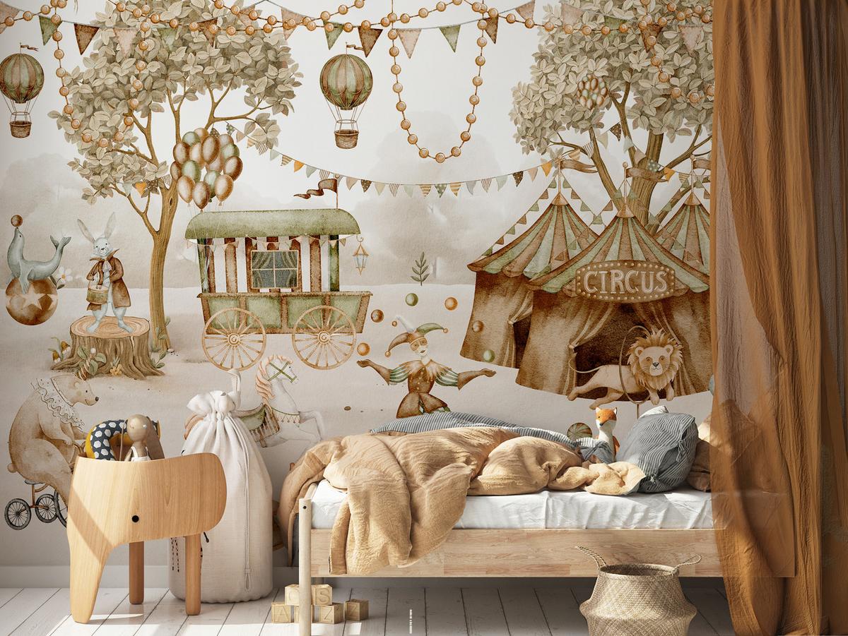 FOTOTAPETE für Kinderzimmer Zirkus Zelt Tiere Ballons Aquarell Bäumes 400x280 - Ecru/Beige, Papier (400/280cm) - Muralo