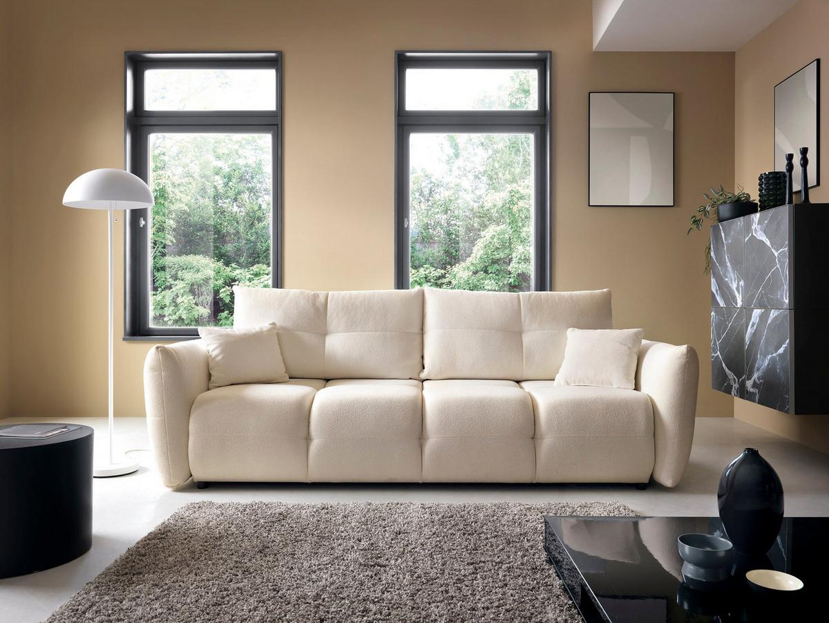BETTSOFA MODA Creme Geflochtener Stoff mit Schlaffunktion - Creme, Holz (245/86/110cm) - MASSENO