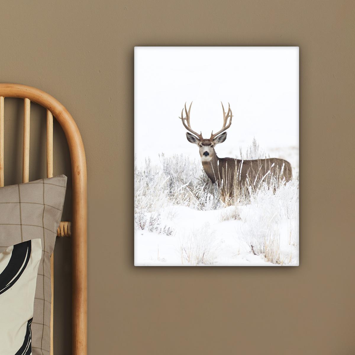 LEINWANDBILD Hirsche - Winter - Schnee - Tiere - Jahreszeiten - Weiß Room Decor 30x40 cm - Hellbraun, Textil (30/40cm) - MuchoWow