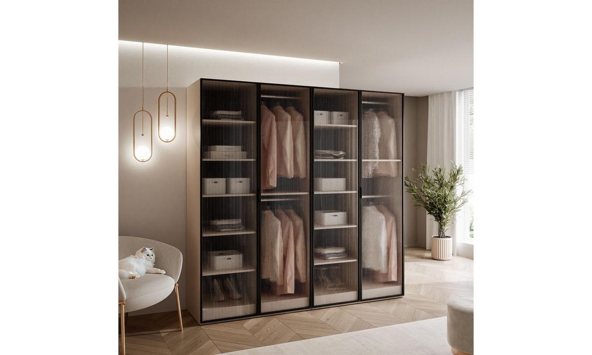 KLEIDERSCHRANK SANDBOX 200 202/49/200 cm Beige Sand / Riffelglas ohne LED 8 Zusatzböden - Sandfarben/Schwarz, Holzwerkstoff/Kunststoff (202/200/49cm) - Lookway