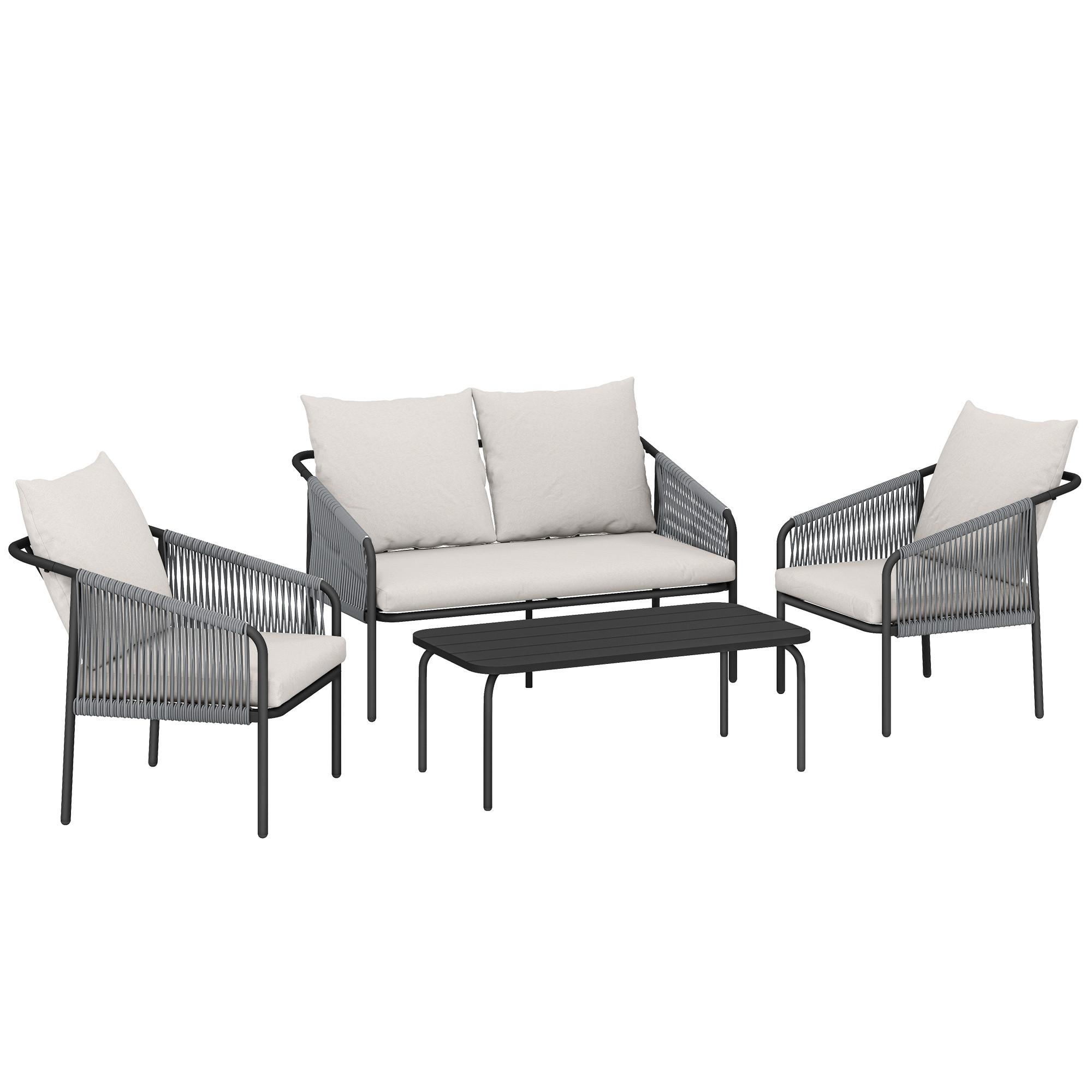 RATTAN-GARTENMÖBEL-SET 4er Set Stahl PE-Rattan Khaki - Hellgrau/Schwarz, Textil/Metall - Outsunny