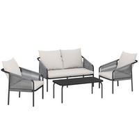 RATTAN-GARTENMÖBEL-SET 4er Set Stahl PE-Rattan Khaki - Hellgrau/Schwarz, Textil/Metall - Outsunny