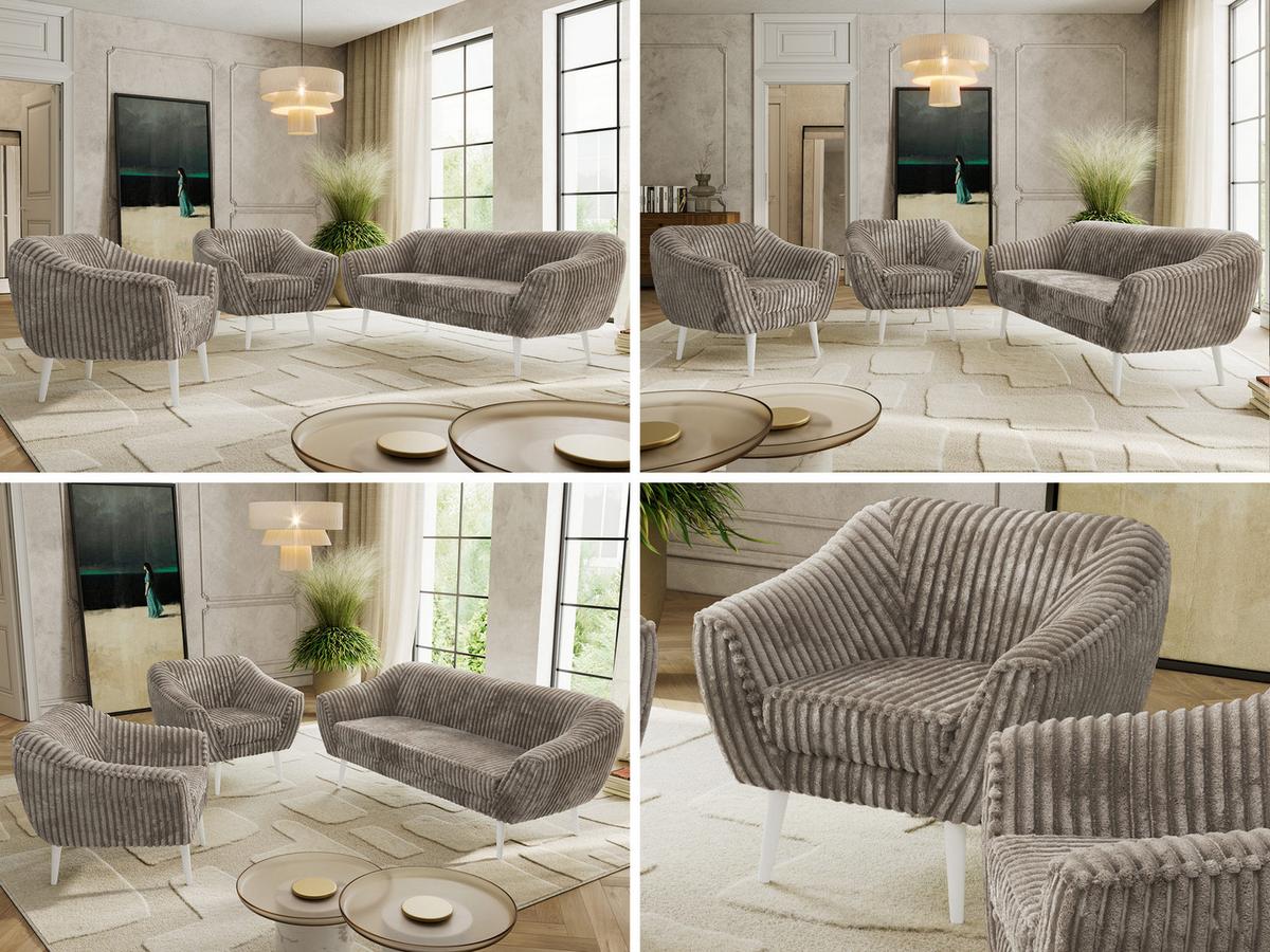 SITZGARNITUR PIRS 3+1+1 - Hellbraun Cord - Weiße Beine - Hellbraun/Weiß, Holzwerkstoff/Textil (180/75/74cm) - MKS