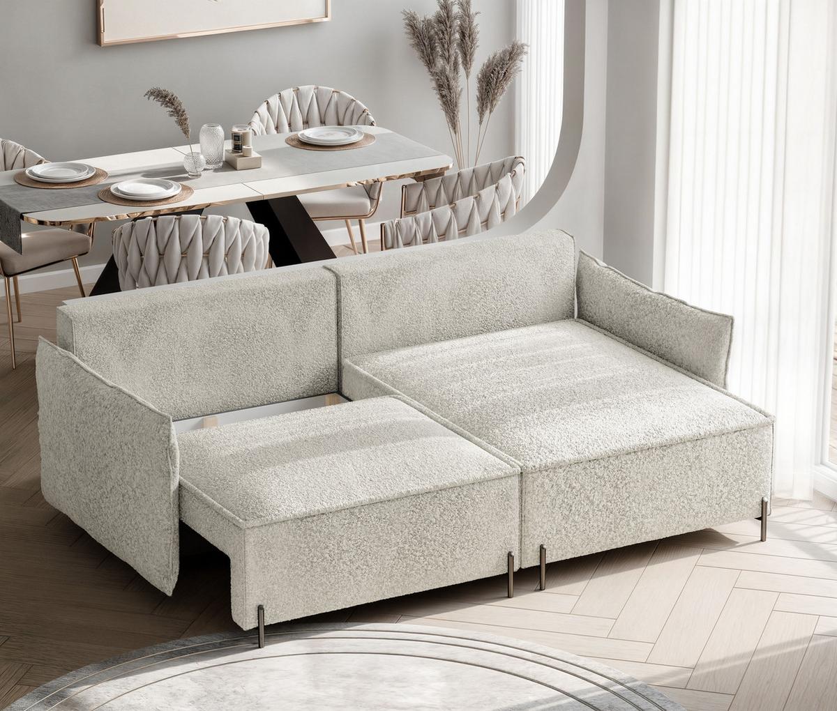 ECKSOFA MARCO Rechts, mit Schlaffunktion und Bettkasten, Creme - Creme, Textil/Metall (221/148cm) - Idohome