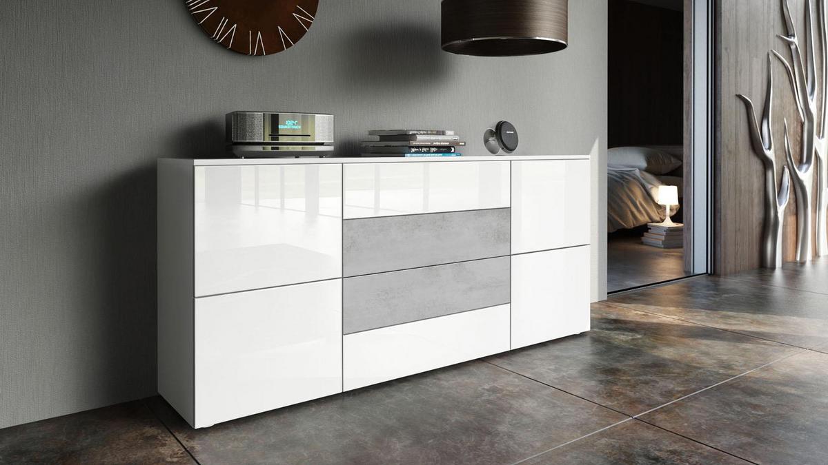 SIDEBOARD Rova Weiß Hochglanz / Beton Oxid Optik - Weiß Hochglanz/Grau, Holzwerkstoff (166/72/35cm) - Vladon