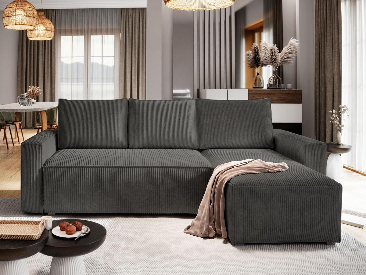 ECKSOFA POTARO Graphitfarben Kordstoff mit Schlaffunktion - Graphitfarben/Grau, Holz/Kunststoff (232/140cm) - MASSENO