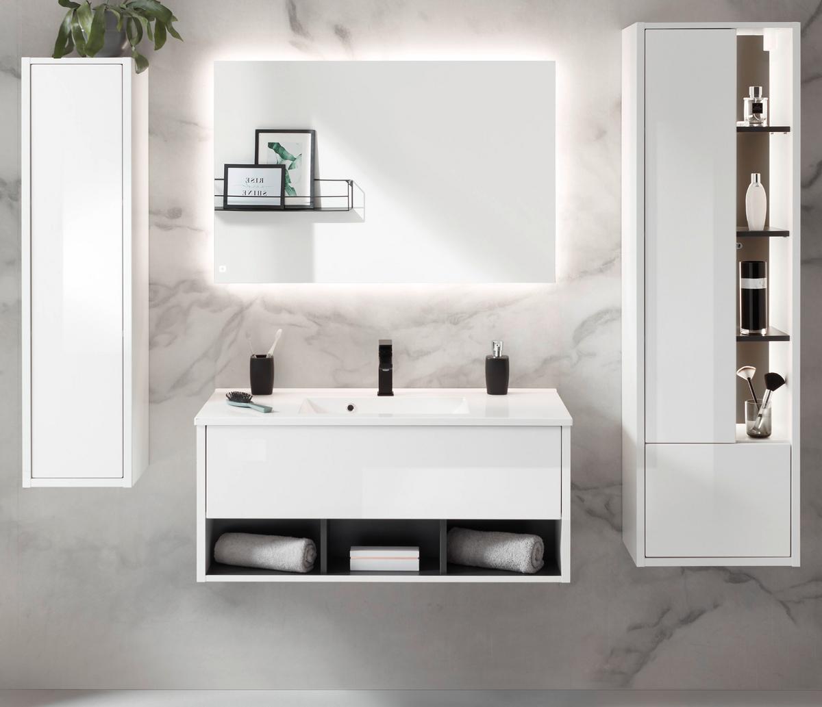 BADMÖBEL-SET weiß Hochglanz, grau, Komplettset mit Waschbecken und LED Beleuchtung 195 cm - Weiß Hochglanz/Grau, Glas/Holzwerkstoff (195/190/47cm) - Furn.Design