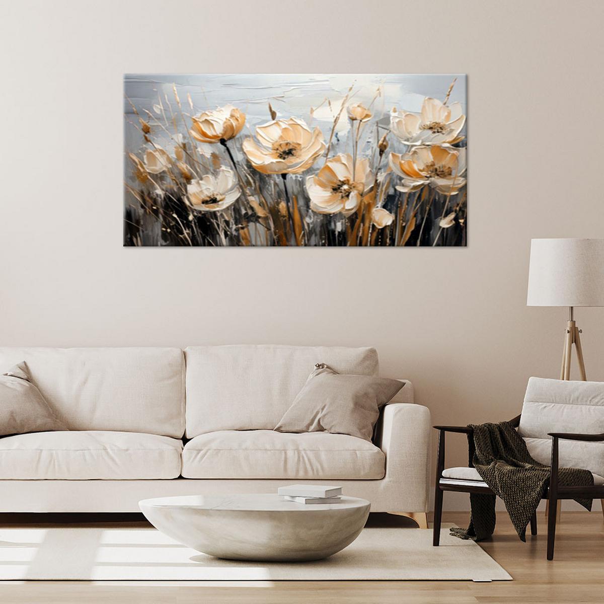 LEINWANDBILD Blumenstrauß Aquarell Beige Gras 120x60cm - Beige, Textil (120/60cm) - Feeby