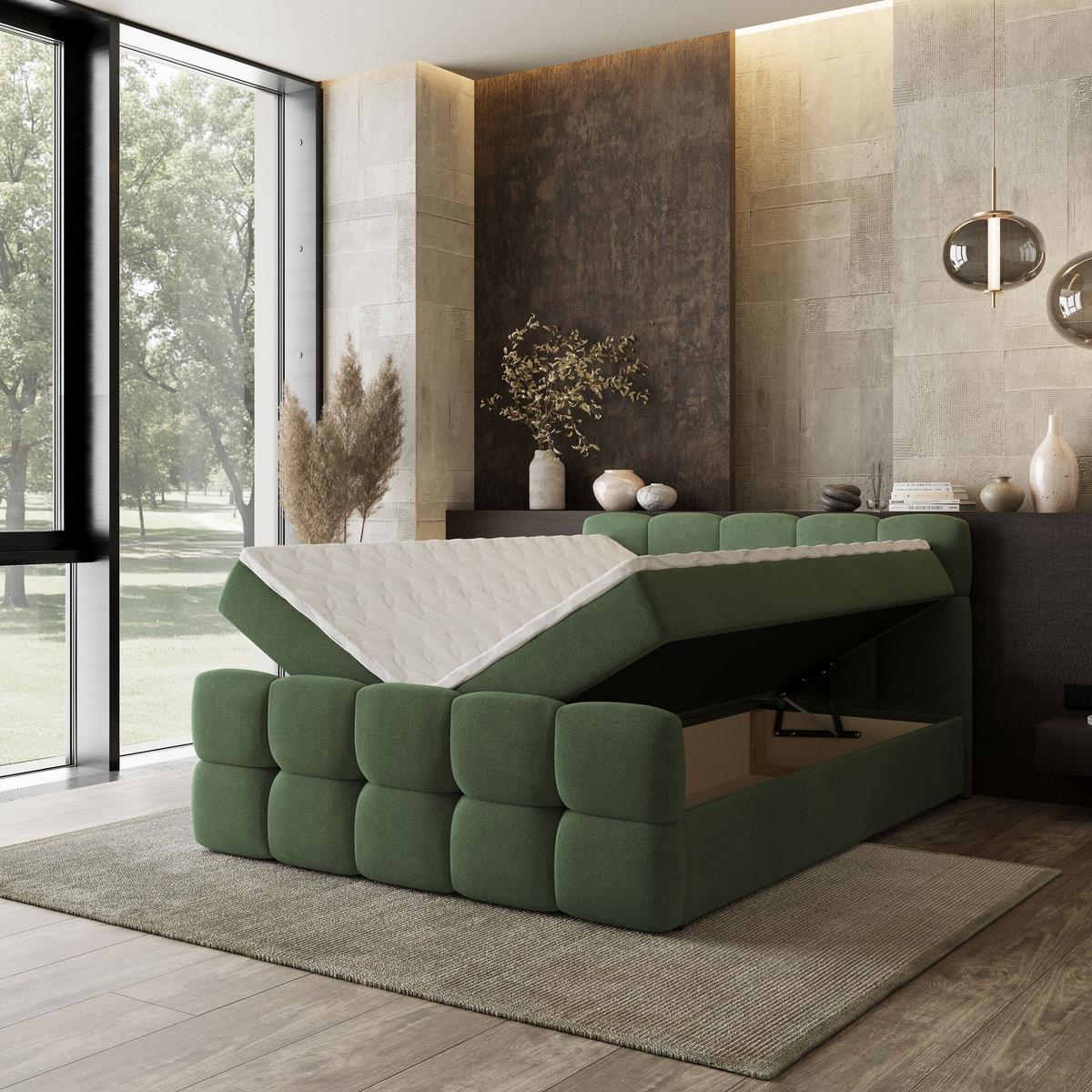 BOXBETT BRUME 200x200 cm mit Matratze und Topper, H2+H3 - Grün - Grün, Holz (200/200cm) - MASSENO