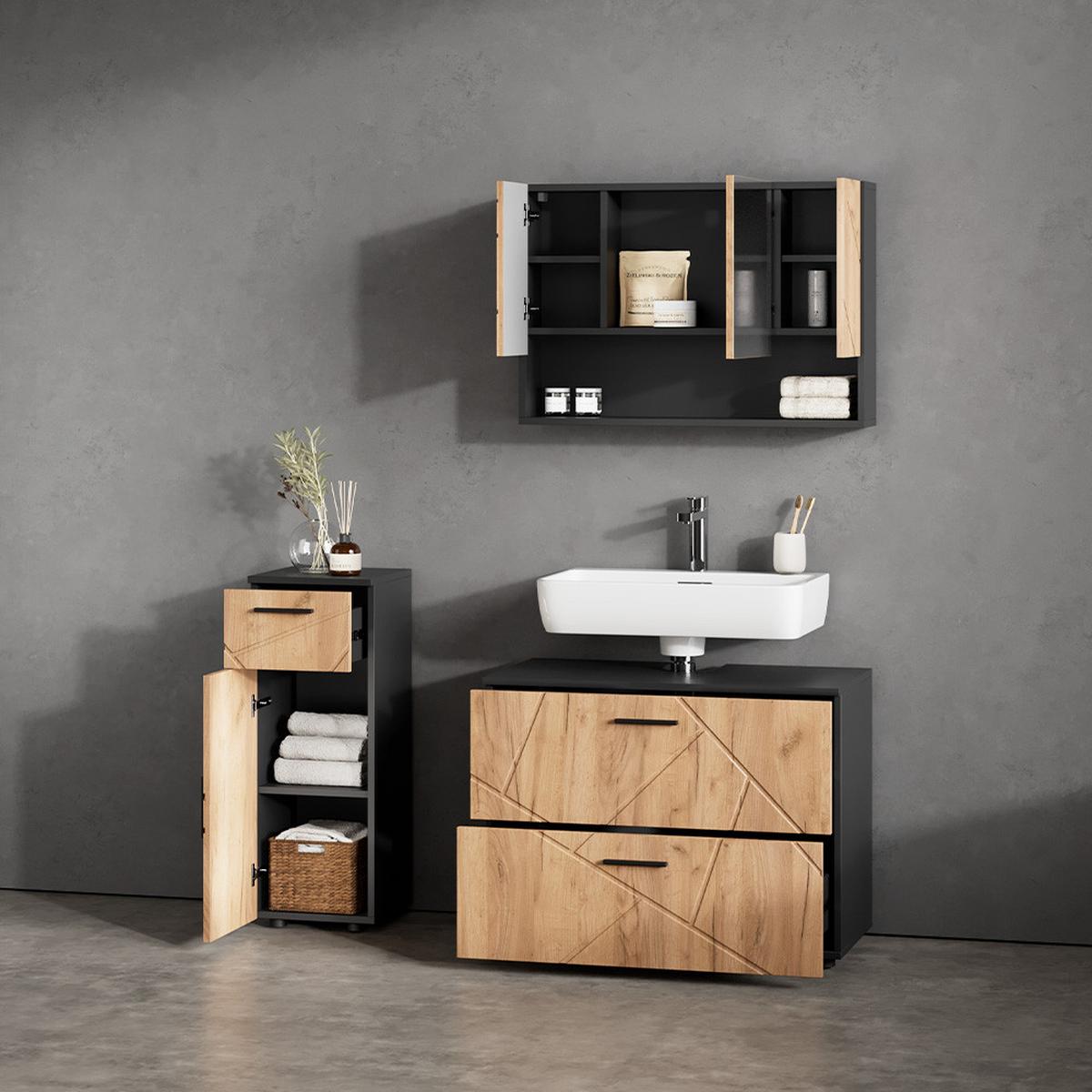 BADMÖBEL-SET Ronco Goldkraft Eiche/Anthrazit 3 Teile, mit Schubladenschrank und Midischrank - Honigeiche/Anthrazit, Holzwerkstoff (41/80/58cm) - Livinity®