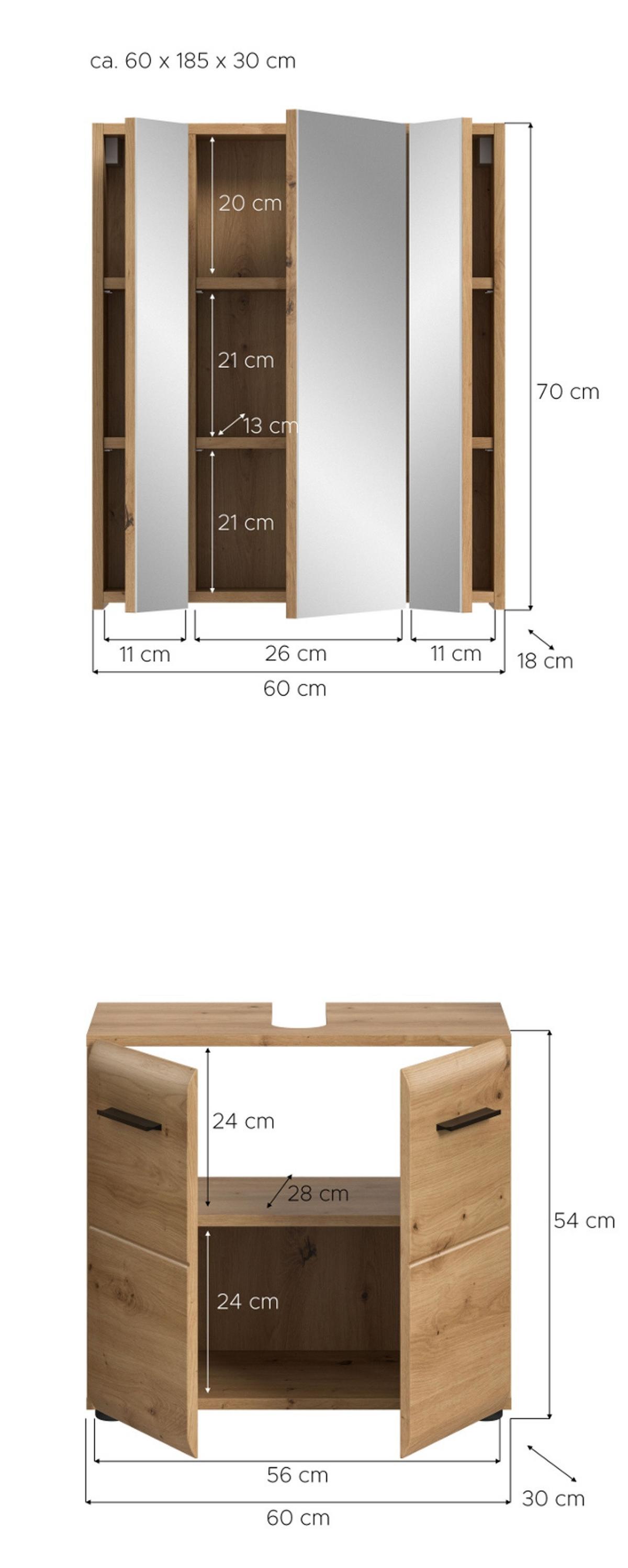 BADMÖBEL SET 2-teilig in Artisan Eiche, Badkombination 60 x 185 cm, Cover - Schwarz/Eiche Artisan, Glas/Holzwerkstoff (60/185/30cm) - Inn.Furn
