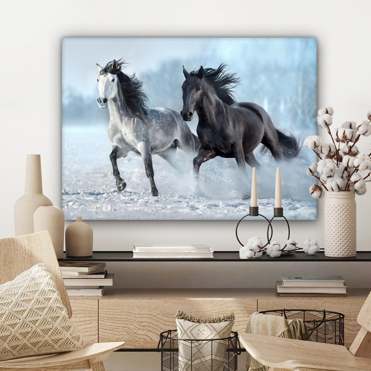 LEINWANDBILD Pferde - Winter - Tiere - Natur - Schnee Wandbilder 80x60 cm - Anthrazit, Textil (80/60cm) - MuchoWow