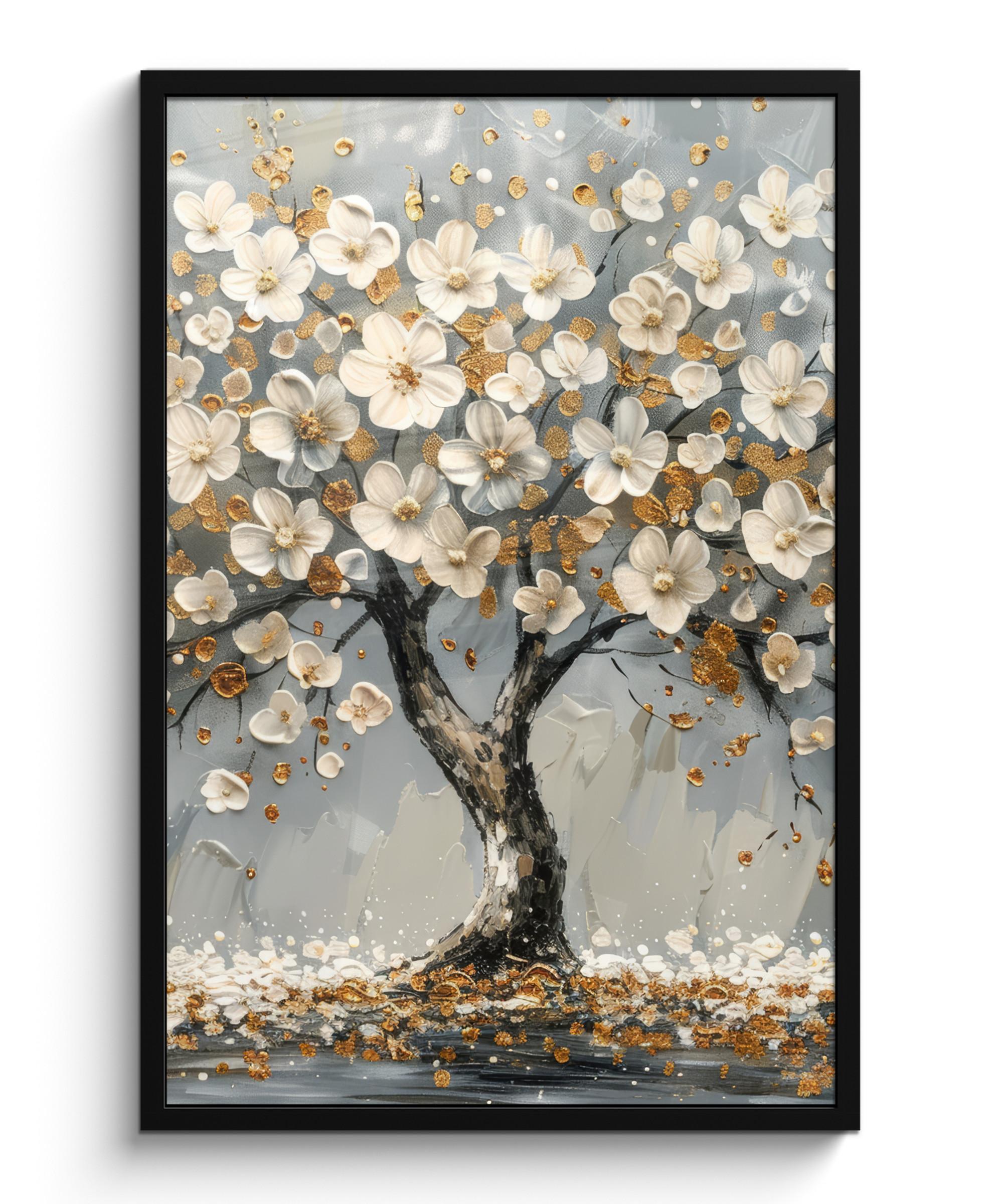 POSTER MIT RAHMENGERAHMTES BILD Baum - Blumen - Weiß - Natur - Kunst 60x90 cm - Weiß, Papier (60/90cm) - MuchoWow