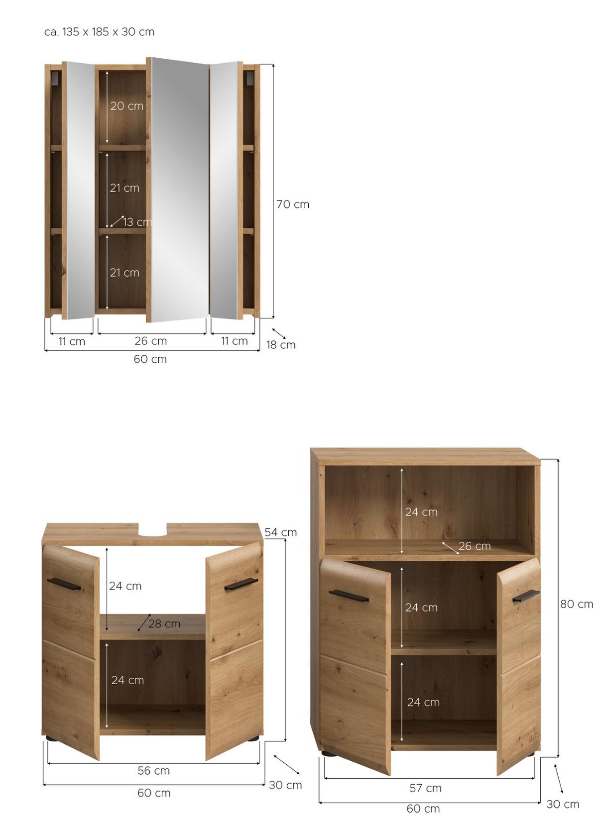 BADMÖBEL-SET 3-teilig Artisan Eiche, Badkombination 135 cm, viel Stauraum, Cover - Schwarz/Eiche Artisan, Glas/Holzwerkstoff (135/185/185cm) - Inn.Furn