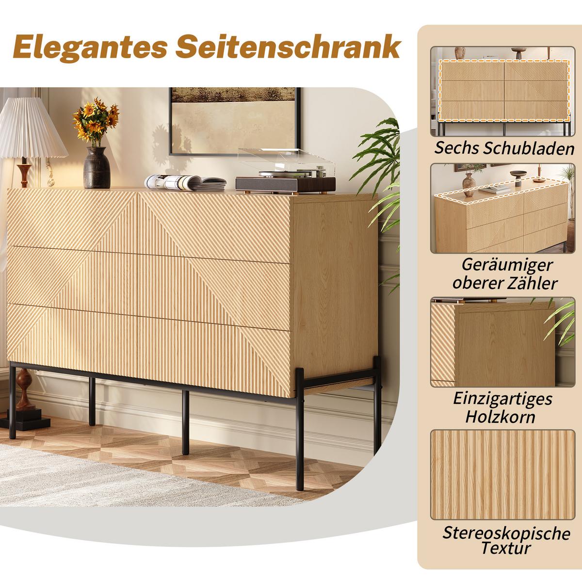 SIDEBOARD natur 3D struktur 6 schubladen 115cm - Naturfarben, Holzwerkstoff (115.5/75/38cm) - Urban Meuble