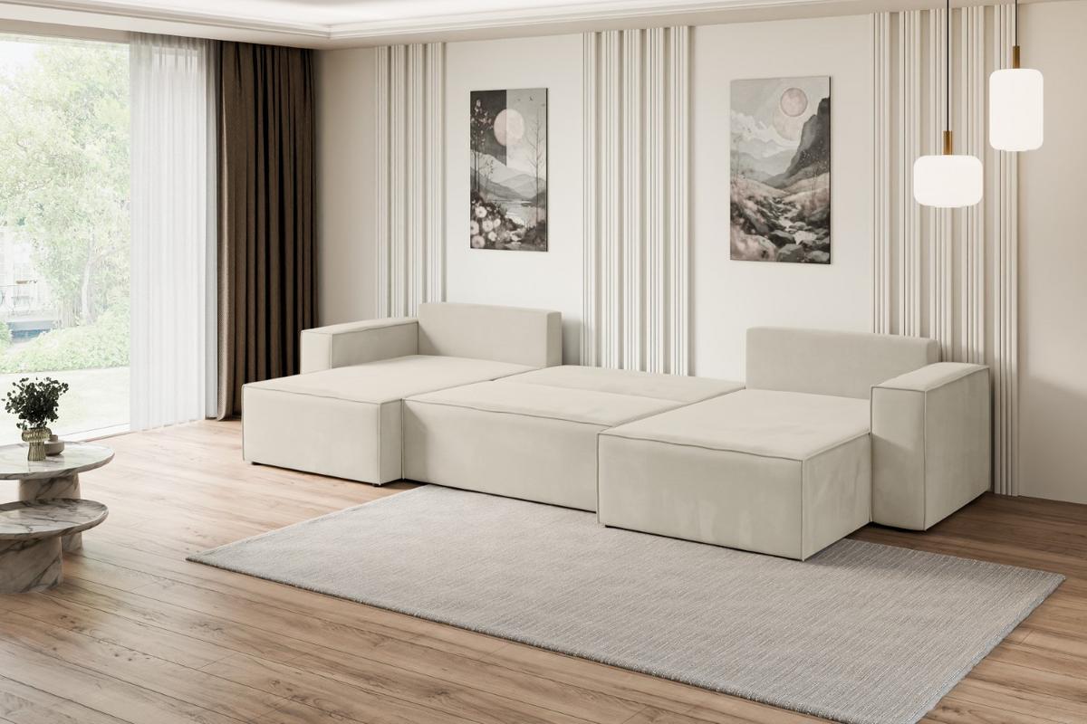 WOHNLANDSCHAFT mit Schlaffunktion und Bettkasten CELTIC-XLU - 377x143x83 cm Beige Velours - Beige/Creme, Holzwerkstoff/Kunststoff (377/83/143cm) - ALTDECOR