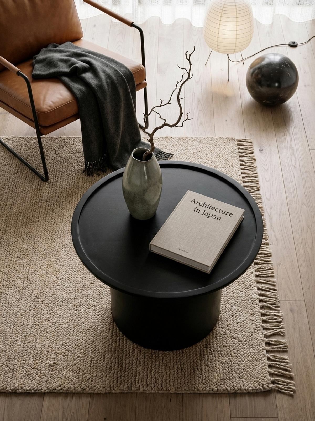 COUCHTISCH Rund Schwarz Mango Massivholz, 60x60x40 cm, Erhöhter Rand, Trommelgestell - Schwarz, Holz (60/60/40cm) - KADIMA DESIGN
