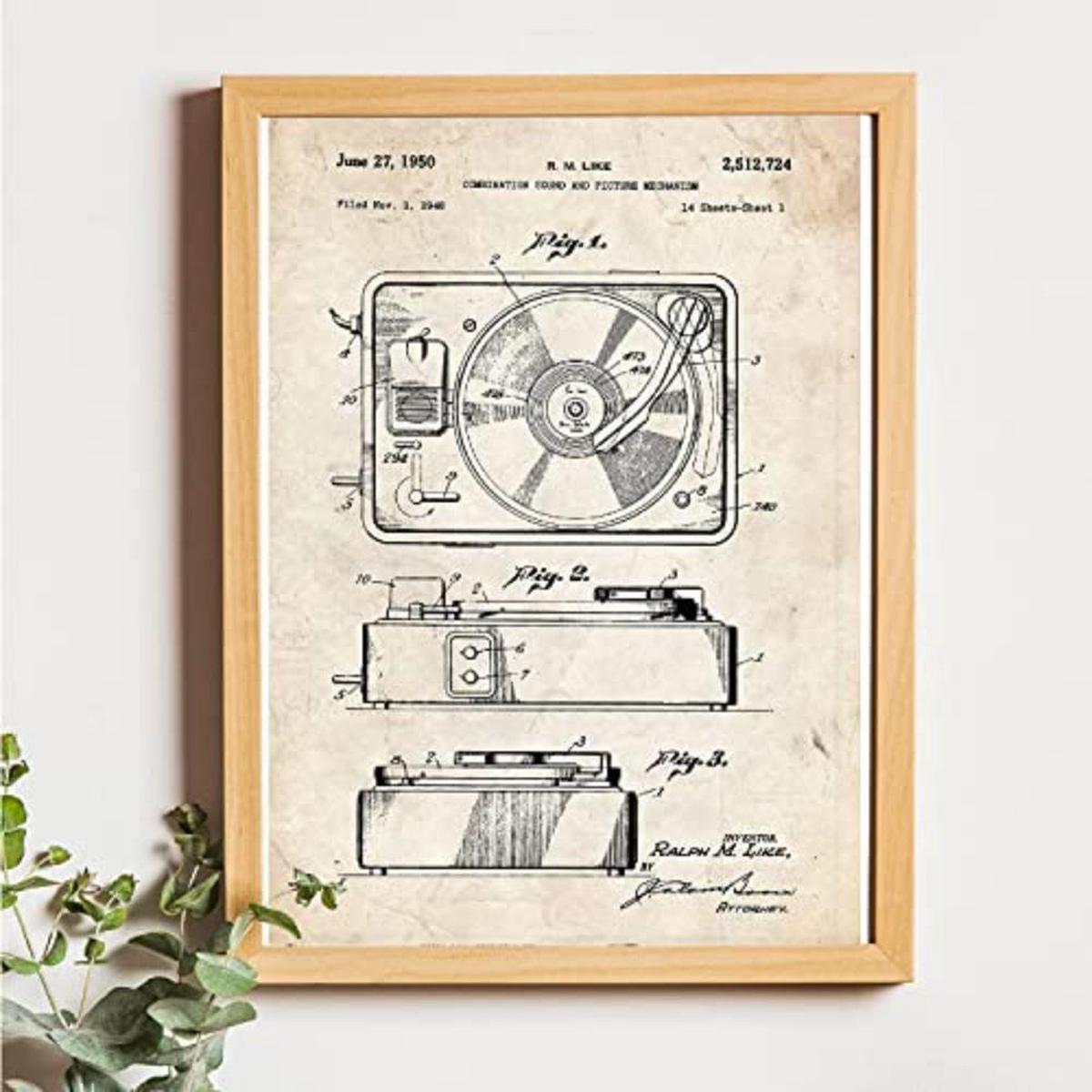 POSTER Set mit 4 Jahrgang Drehscheibe Patenten A4 Schwarzer Rahmen - Schwarz, Papier (29.7/3cm) - Nacnic
