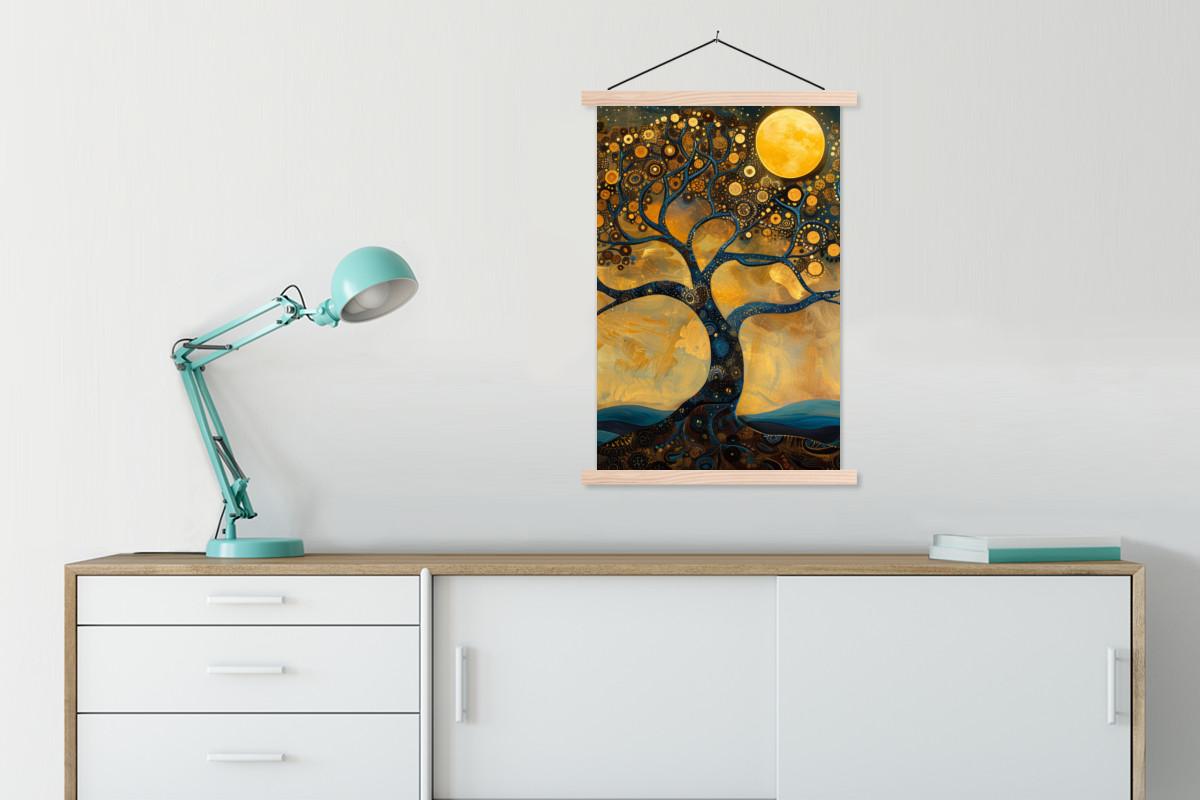POSTER MIT MAGNETLEISTEN Baum - Mond - Blumen - Gold - Kunst Wandbild Schlafzimmer 60x90 cm - Orange, Textil (60/90/0.15cm) - MuchoWow