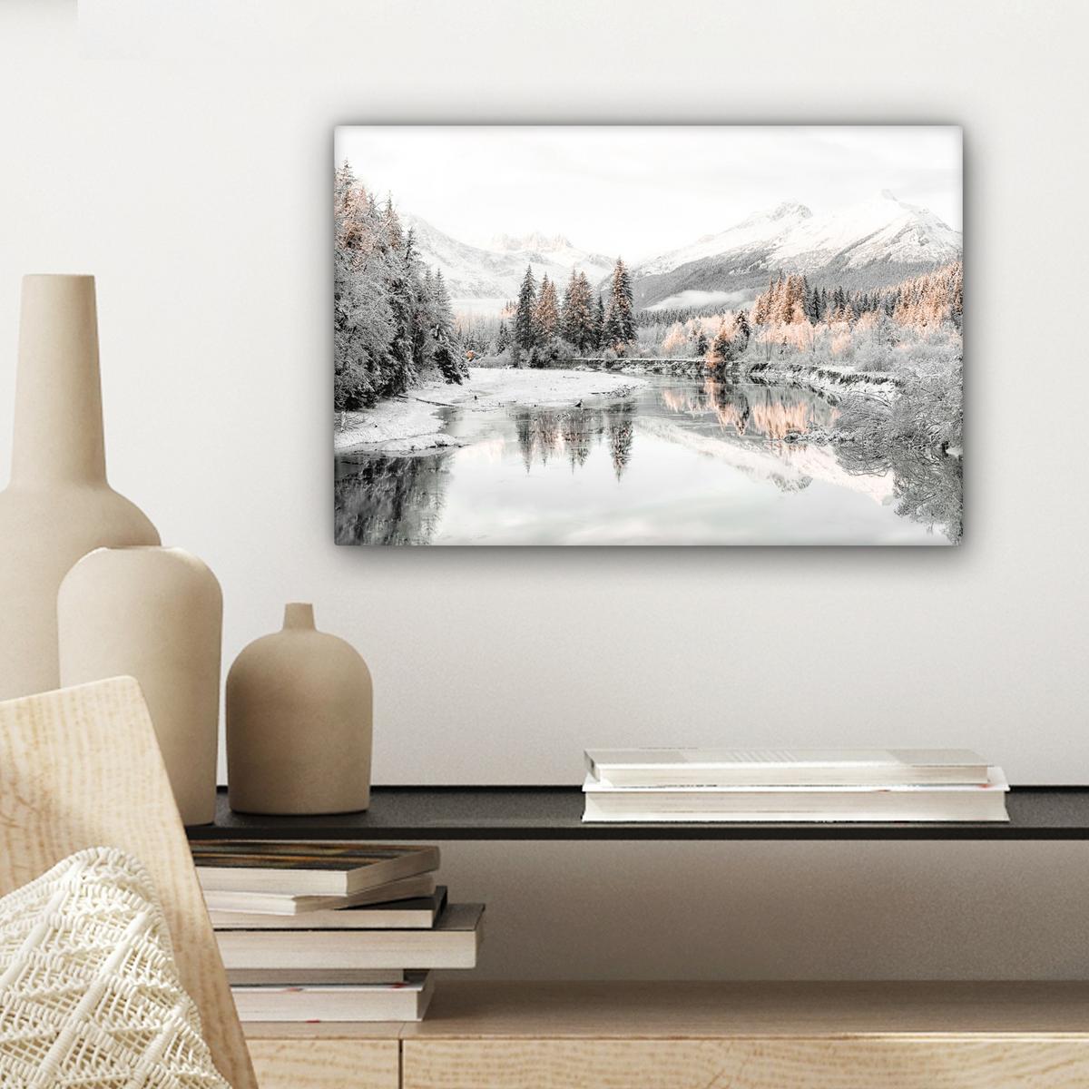 LEINWANDBILD Natur - Winter - Bäume - Berge - Schnee Deko Schlafzimmer 30x20 cm - Weiß Hochglanz, Textil (30/20cm) - MuchoWow