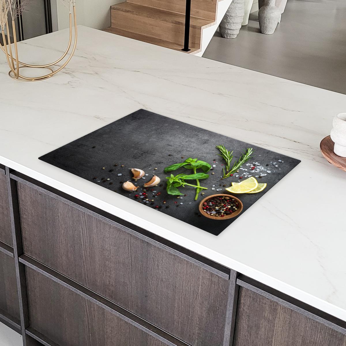 HERDABDECKPLATTE Limette - Kräuter - Gewürze - Grün - Grau - Beton Induktionsmatte 77x51 cm - Grün, Kunststoff (77/51/0.2cm) - MuchoWow