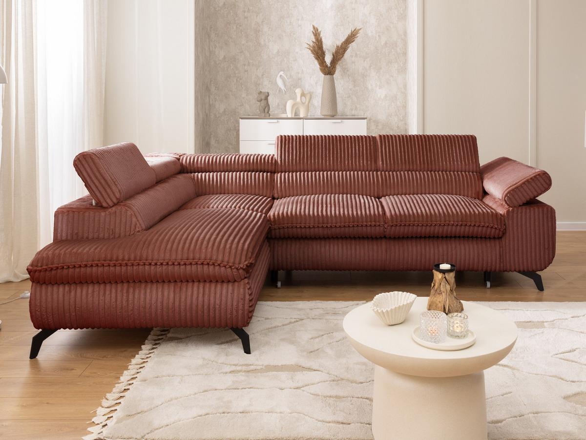 ECKSOFA mit Schlaffunktion und Bettkasten Bonnie aus Terrakotta Cord-Stoff mit verstellbaren Kopfstützen und Armlehne - Ottomane links - Terracotta/Schwarz, Holz/Textil (275/210cm) - S-Style Möbel