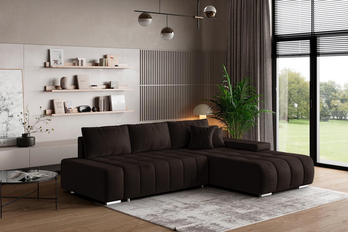 ECKSOFA ALESE R-S Braun Velours-Stoff mit Schlaffunktion - Silberfarben/Braun, Holz/Textil (265/185cm) - MASSENO