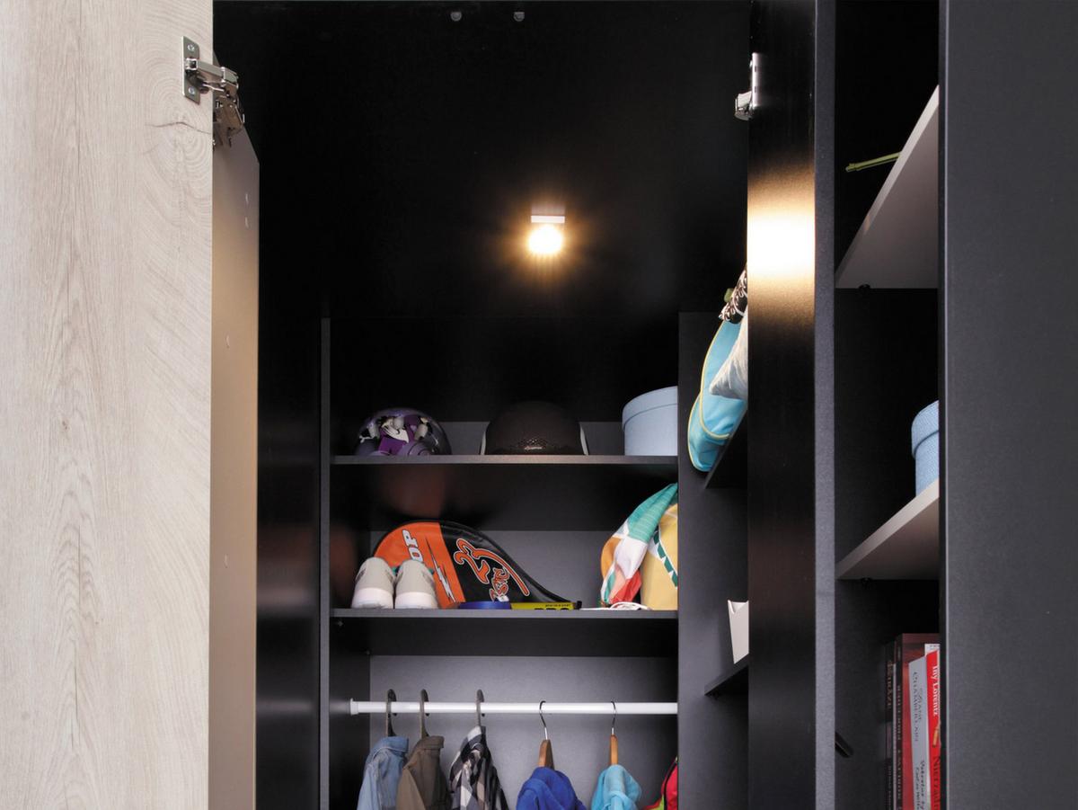 ECKKLEIDERSCHRANK Planet 01 L / P mit Beleuchtung - Blau/Eichefarben, Holzwerkstoff (135/190/135cm) - MIRJAN24