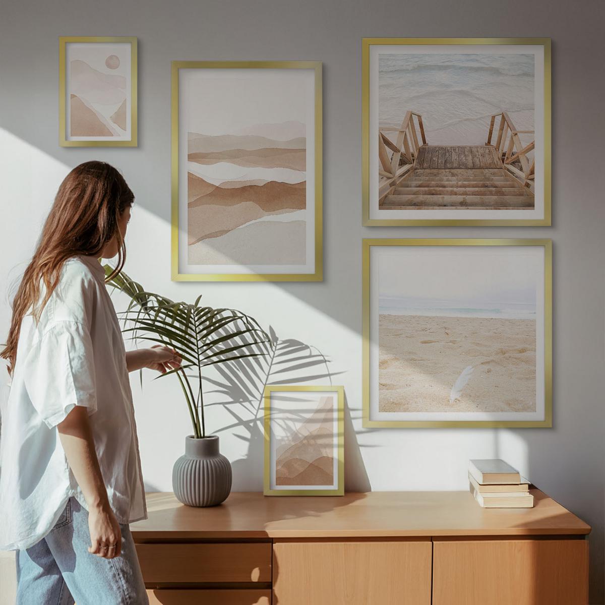 BILDER SET 5er Set - 50x50 cm & 20x30 cm & 40x60 cm Goldrahmen - Abstrakte braune Landschaften - Goldfarben, Kunststoff (40/60cm) - TULUP