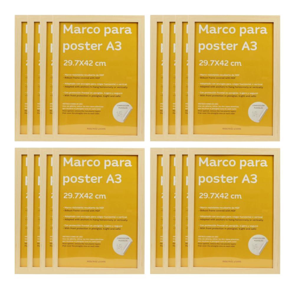 RAHMEN Set mit 12 aus MDF und Acrylglas Schutz und Aussteller für Fotografien, Bilder, Poster, Gemälde, Dekoration für Haus Farbe Hellholz A3 - Beige, Holz (29.7/3cm) - Nacnic