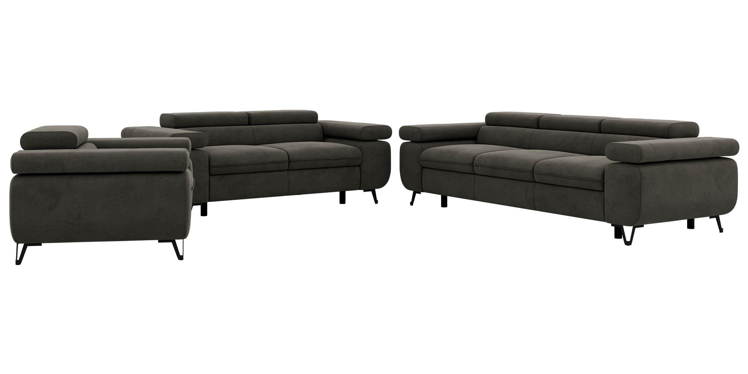 SITZGARNITUR PETER 1+2+3 - Dunkelgrau Velvet - Dunkelgrau/Schwarz, Textil/Metall (262/76/99cm) - MKS