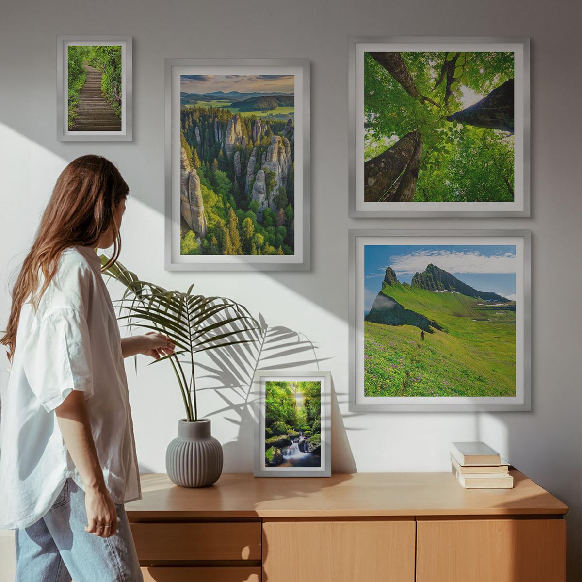 BILDER SET 5er Set - 50x50 cm & 20x30 cm & 40x60 cm Silberner Rahmen - Grüne Berge Wasserfallwald - Silberfarben, Kunststoff (40/60cm) - TULUP