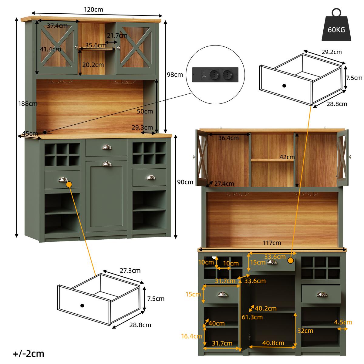 KÜCHENSCHRANK antik-grün & holz-optik mit led, usb-anschluss & weinregal - Waldgrün, Holzwerkstoff (120/188/45cm) - Urban Meuble
