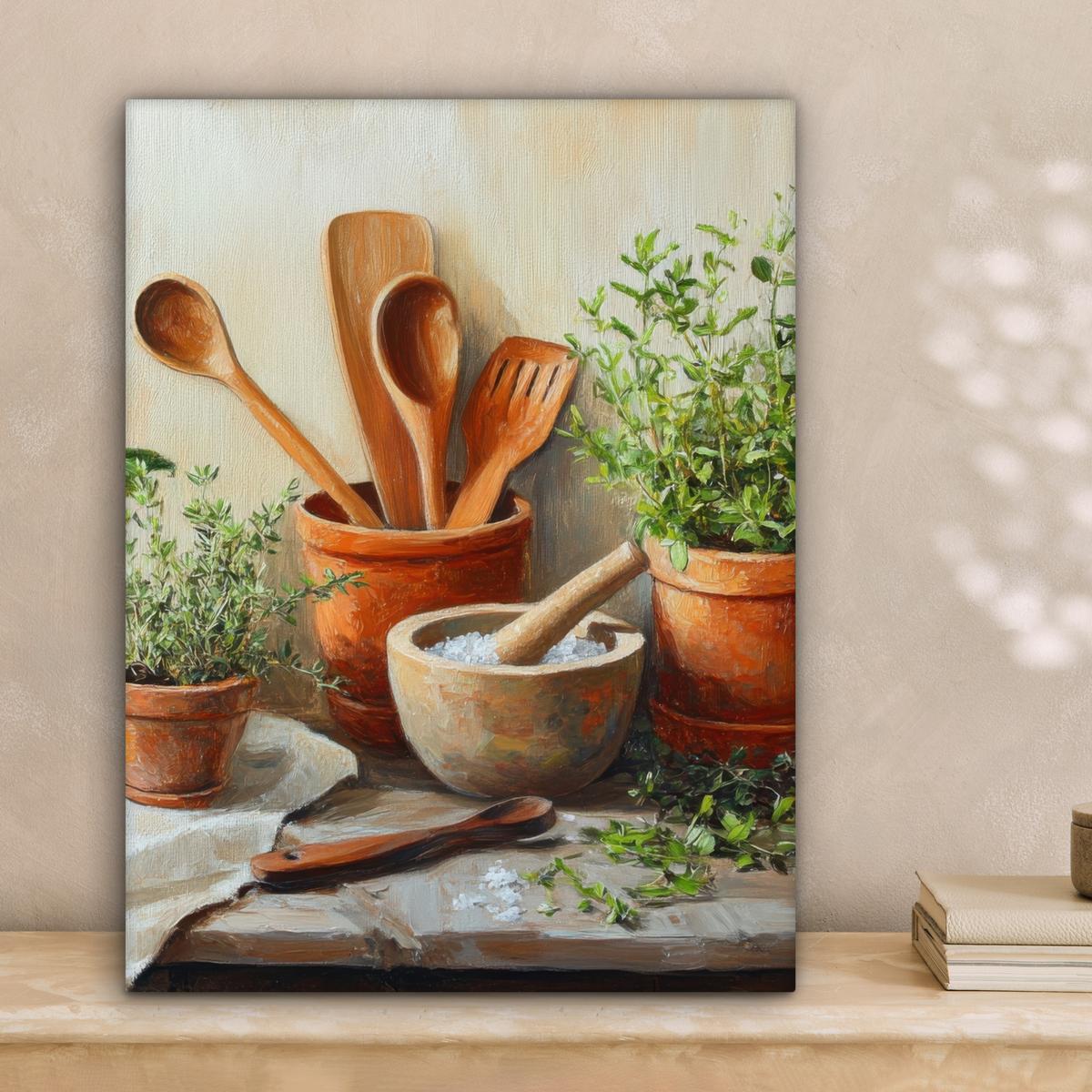 LEINWANDBILD Töpfe - Kräuter - Holz Room Decor 30x40 cm - Terracotta, Textil (30/40cm) - MuchoWow