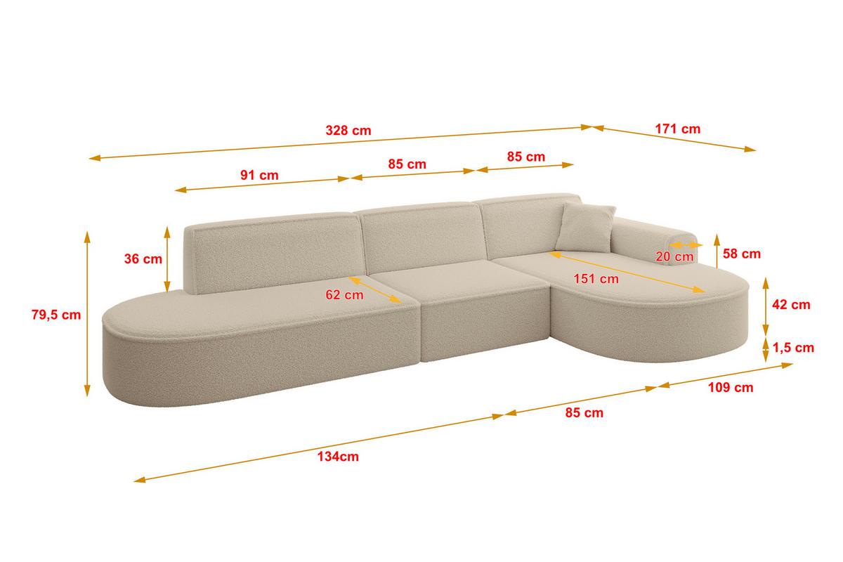 ECKSOFA Ottomane Rechts MARI-L2 - 328x171x79 cm Dunkelbeige Bouclé - Hellbraun/Schwarz, Holzwerkstoff/Kunststoff (171/328cm) - ALTDECOR
