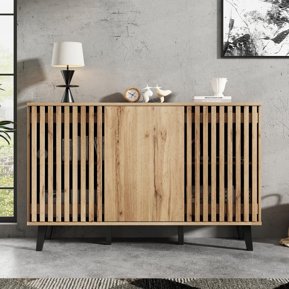 3-TÜRIGES Buffet mit Lamellendesign in Natürlicher Holzoptik,Beige - Naturfarben, Textil (40/95/150cm) - Urban Meuble