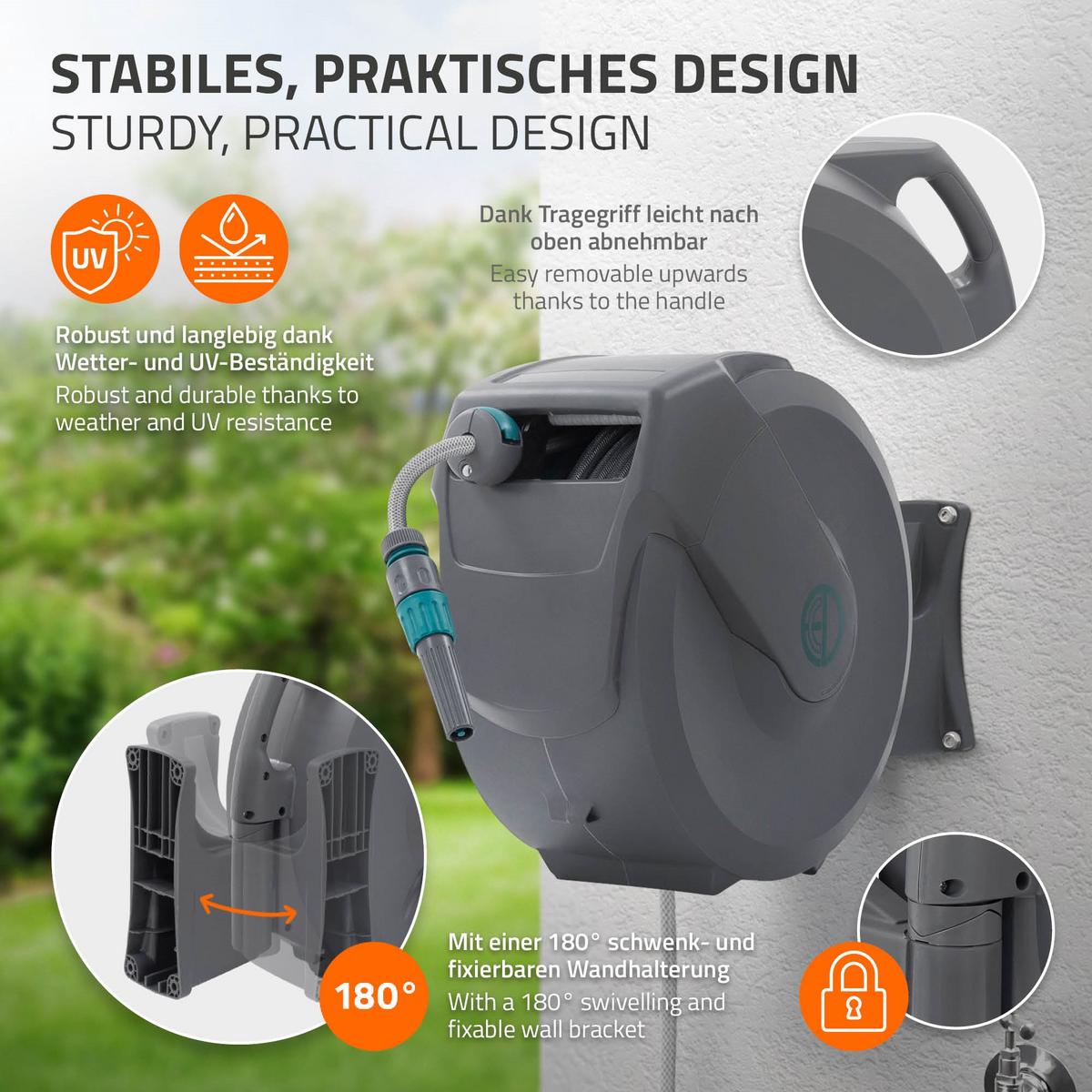 SCHLAUCHAUFROLLER 30m - Grau, Kunststoff (21/43/60.5cm) - ECD-Germany
