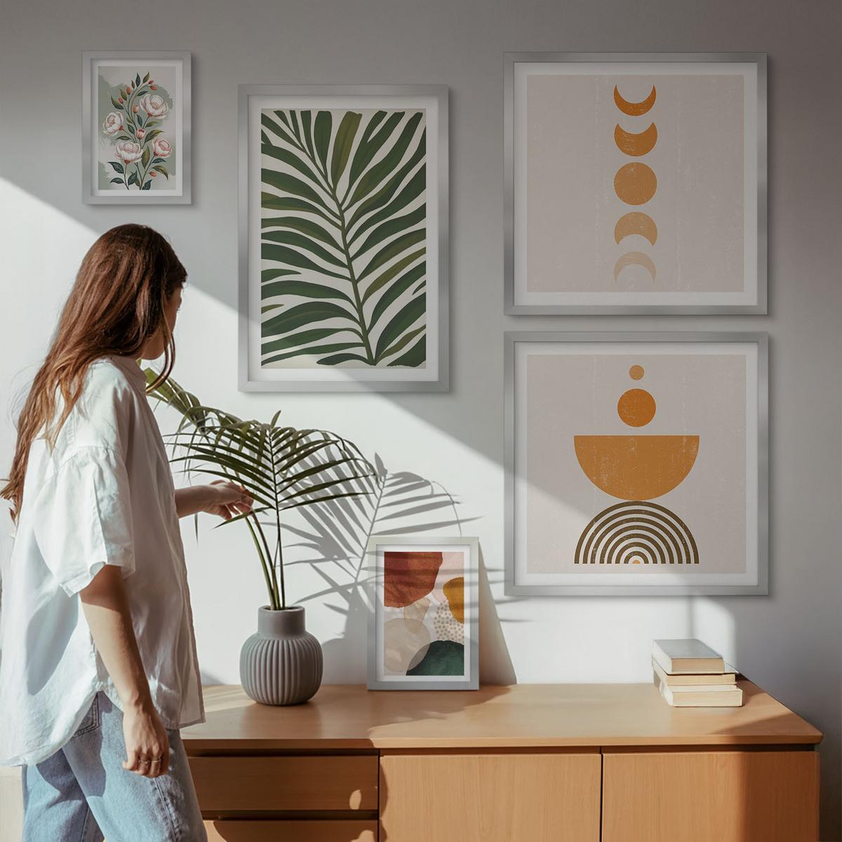 BILDER SET 5er Set - 50x50 cm & 20x30 cm & 40x60 cm Silberner Rahmen - Abstrakte Blattformen - Silberfarben, Kunststoff (40/60cm) - TULUP