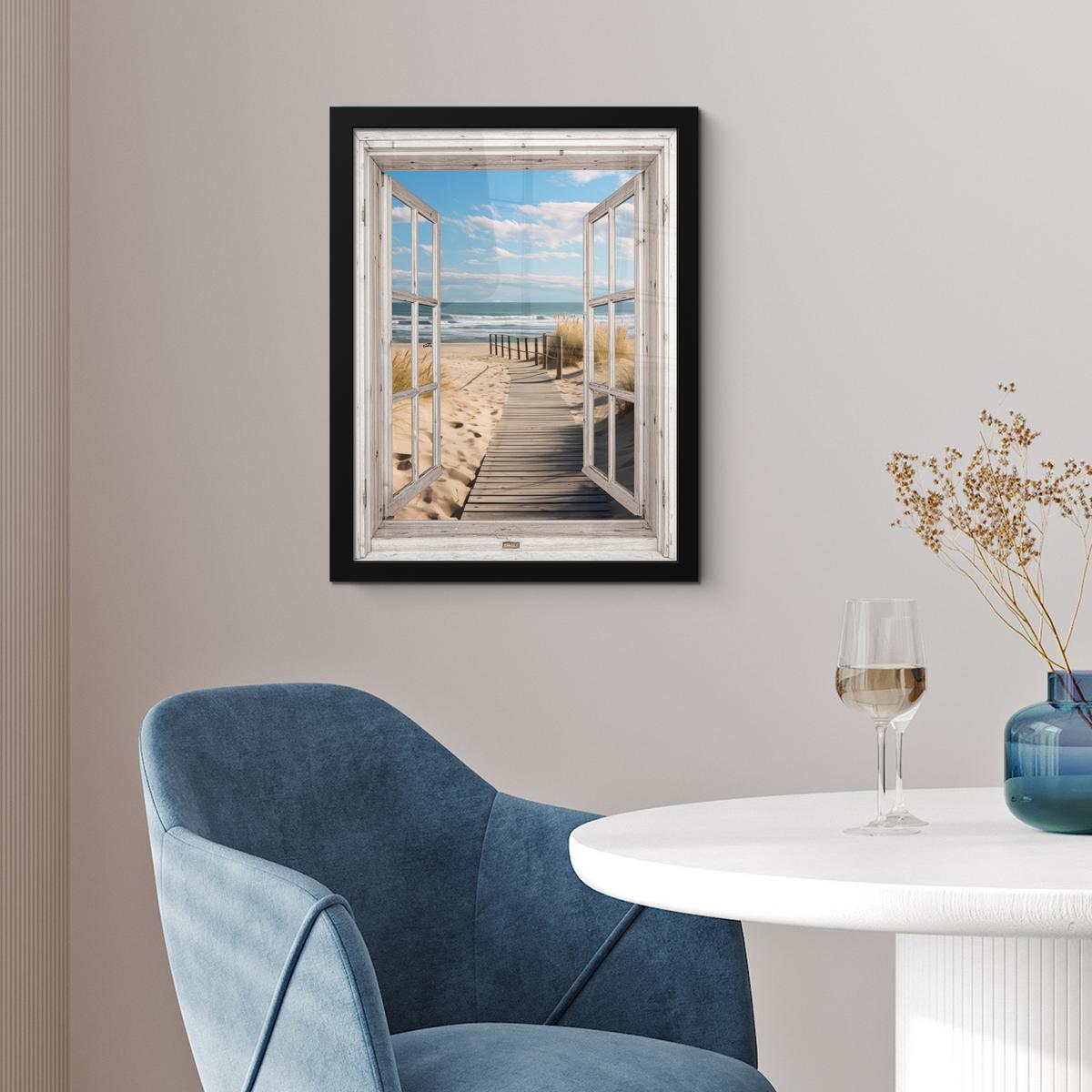 POSTER MIT RAHMEN Fenster - Meer - Küste - Natur - Ausblick - Strand - Wattenmeer Bilderrahmen 30x40 cm - Beige, Papier (30/40cm) - MuchoWow
