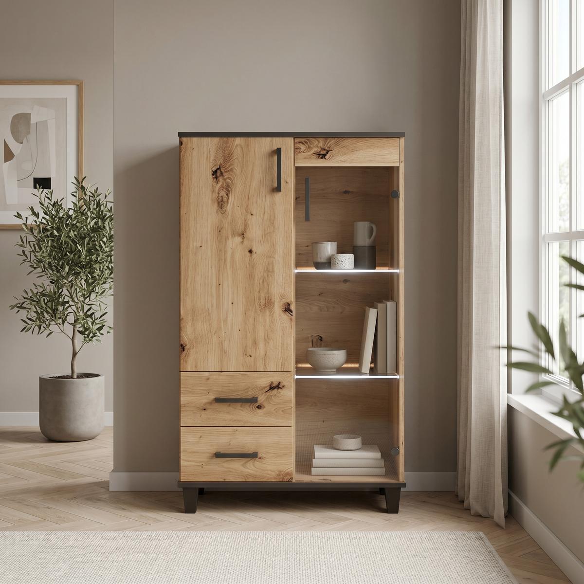 KOMMODE CORTEZA 80/132/40cm mit 2 Schubladen 2 Türen Eiche Artisan - Eiche Artisan, Holzwerkstoff (80/132/40cm) - MASSENO