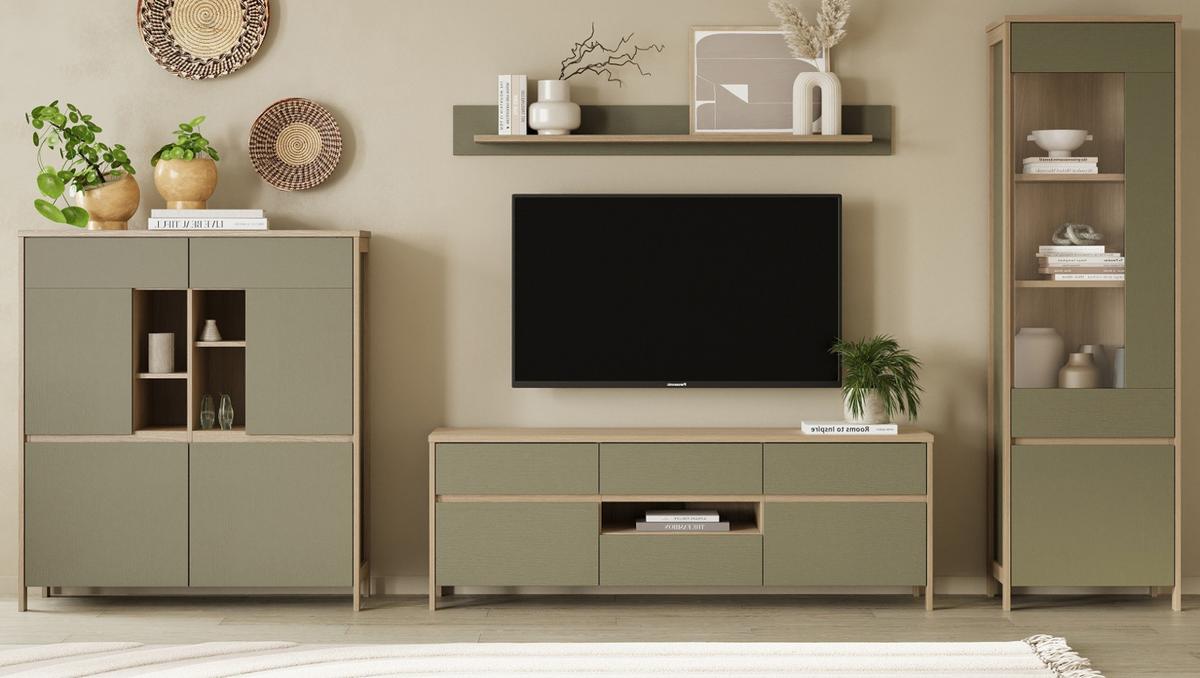 WOHNWAND Salbei grün, Eiche, Schrankwand skandinavisch 4-teilig 360 cm, Soft-Close - Salbeigrün/Eichefarben, Holzwerkstoff/Metall (363/195/39cm) - Furn.Design