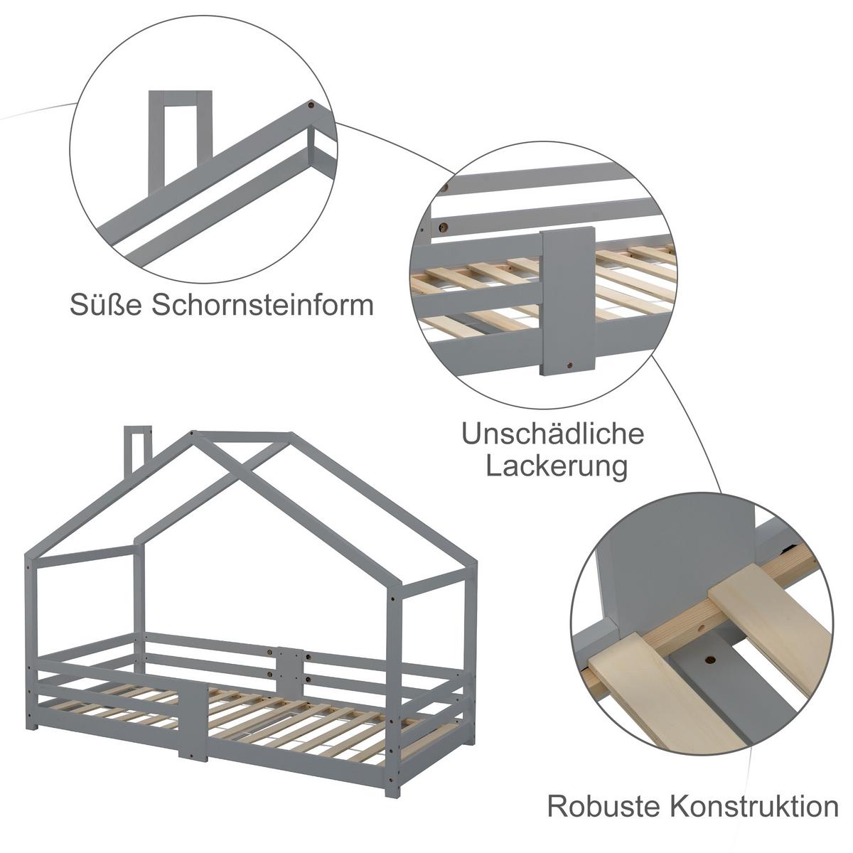 KINDERBETT Hausbett aus Kiefer Massivholz mit Schornstein & Rausfallschutz - Grau, Holz (209/143/96cm) - Urban Meuble