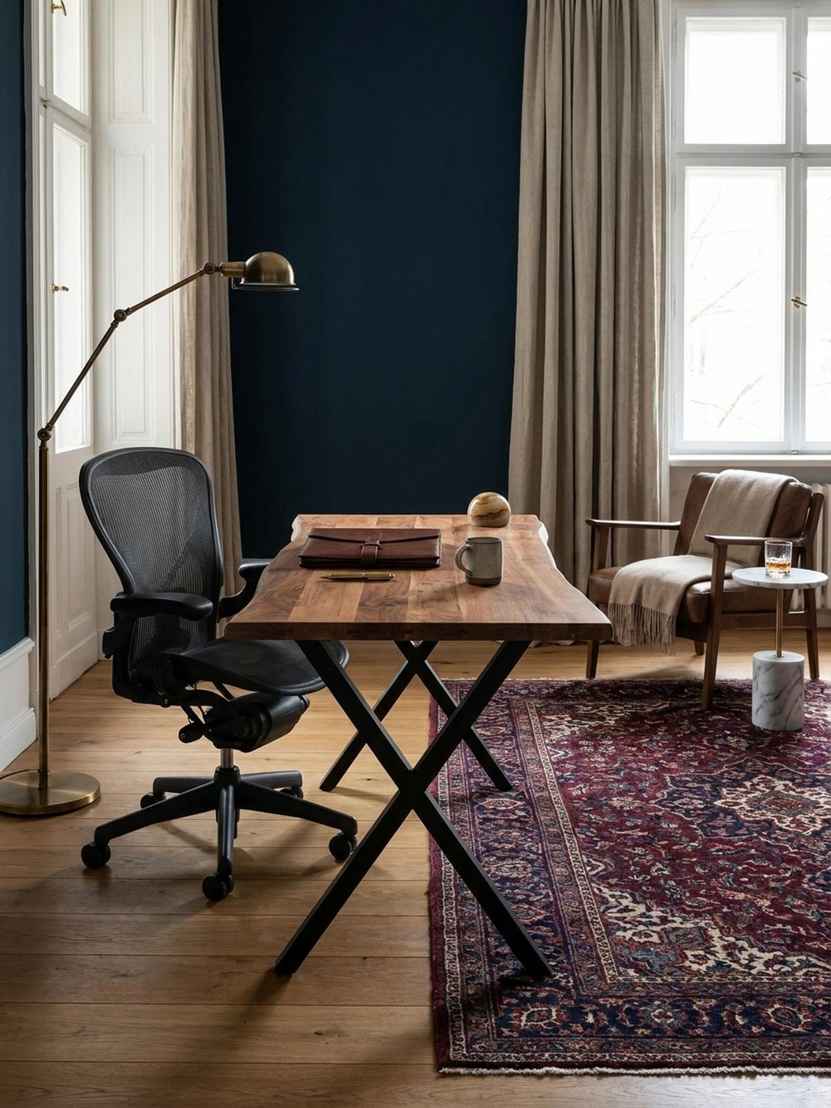 SCHREIBTISCH Massivholz X-Gestell Baumkante Handgefertigt KRETA, Goldbraun-Schwarz 120x60x76 cm - Schwarz/Braun, Holz/Metall (60/120/76cm) - KADIMA DESIGN