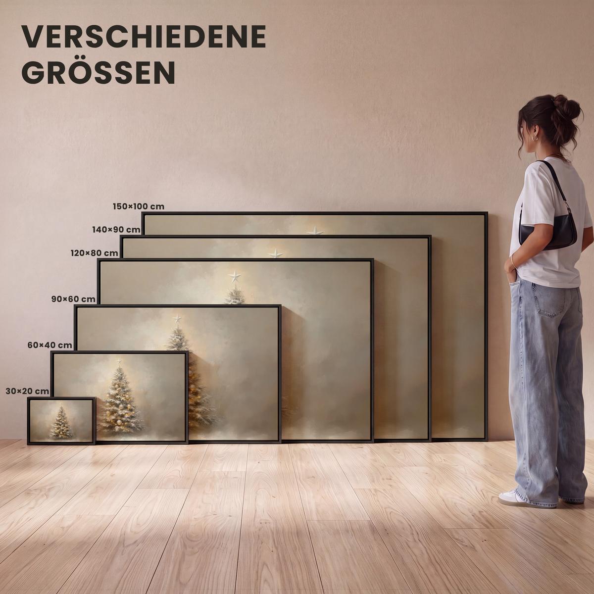 LEINWAND Bilder mit Rahmen - Weihnachten - Weihnachtsbaum - Schnee - Kunst - 60x40 - Champagner, Textil (60/40cm) - MuchoWow