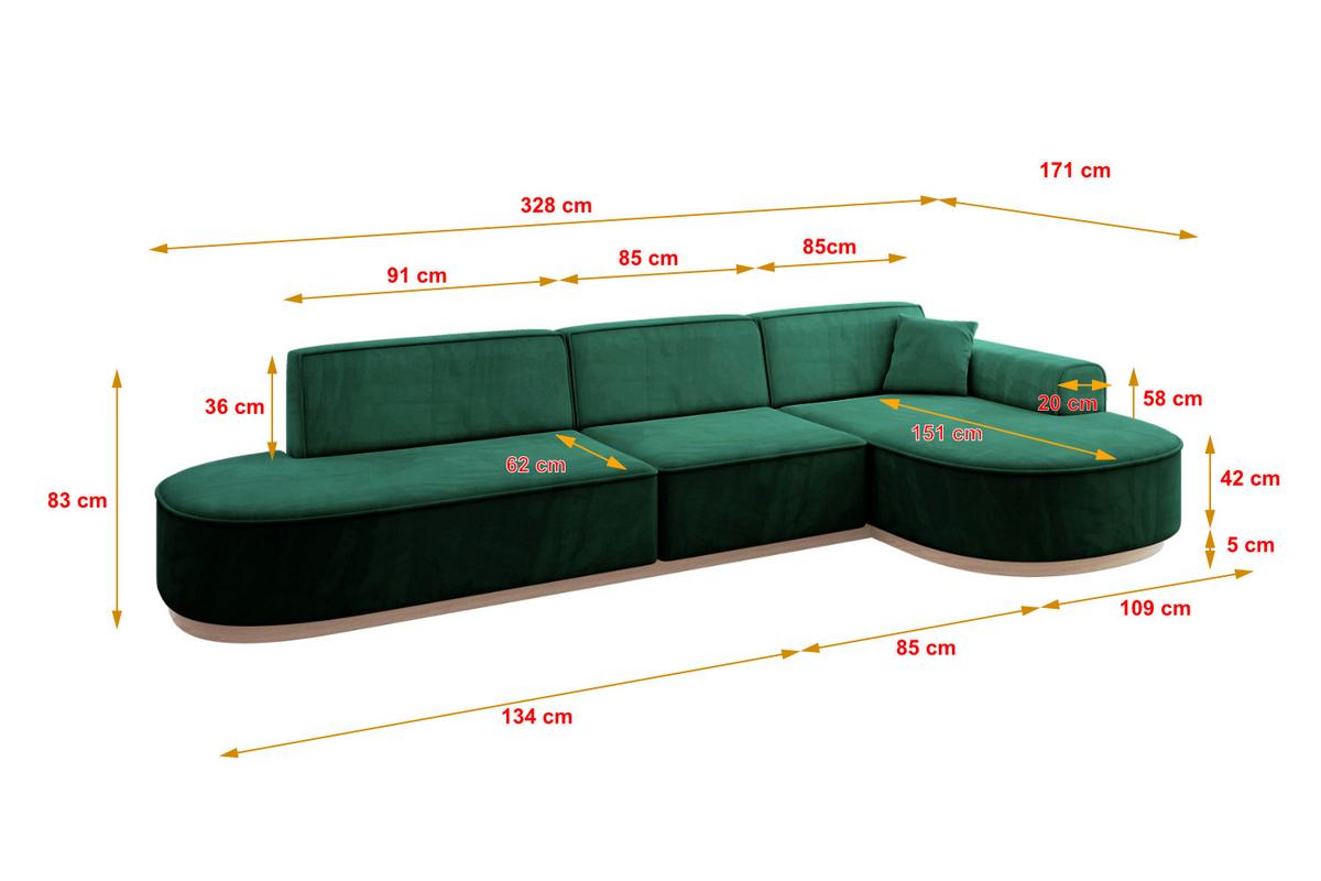 ECKSOFA Ottomane Rechts MARI-L2-v1 - 328x171x83 cm Grün Velours - Grün, Holzwerkstoff/Textil (171/328cm) - ALTDECOR