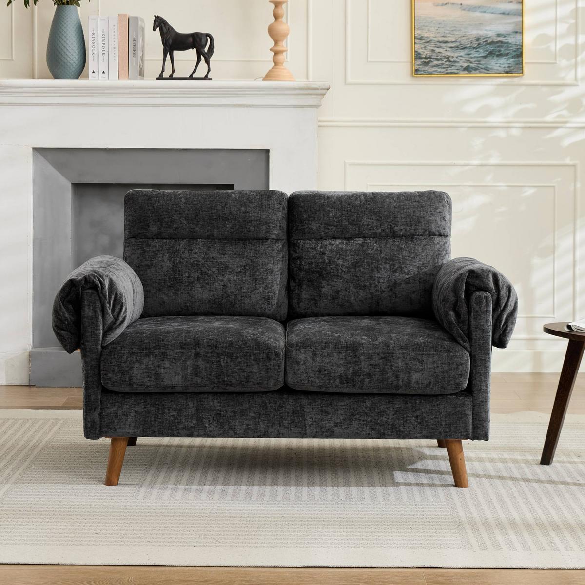 2-SITZER-SOFA aus schwarzem chenille, kompakt und platzsparend - Schwarz, Textil (70/85/124cm) - Urban Meuble