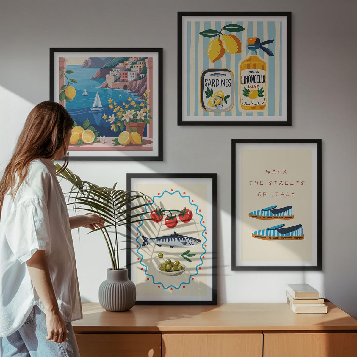 BILDER SET 4er Set - 50x50 cm & 40x60 cm Schwarzer Rahmen - Italienische Aromen, farbenfrohe Bilder - Schwarz, Kunststoff (50/50cm) - TULUP